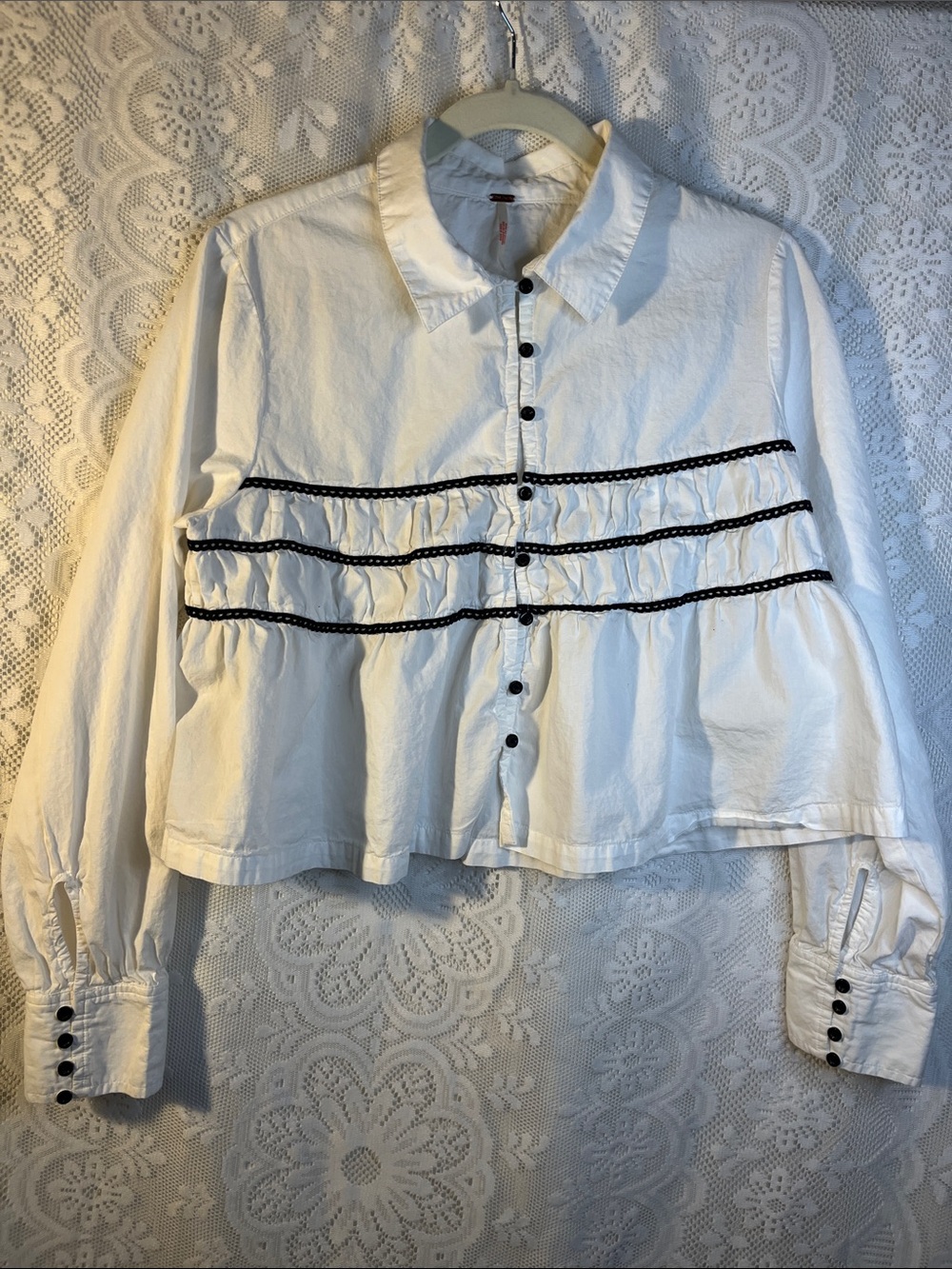 Free People White Button-Down Ruffle Trim Shirt
